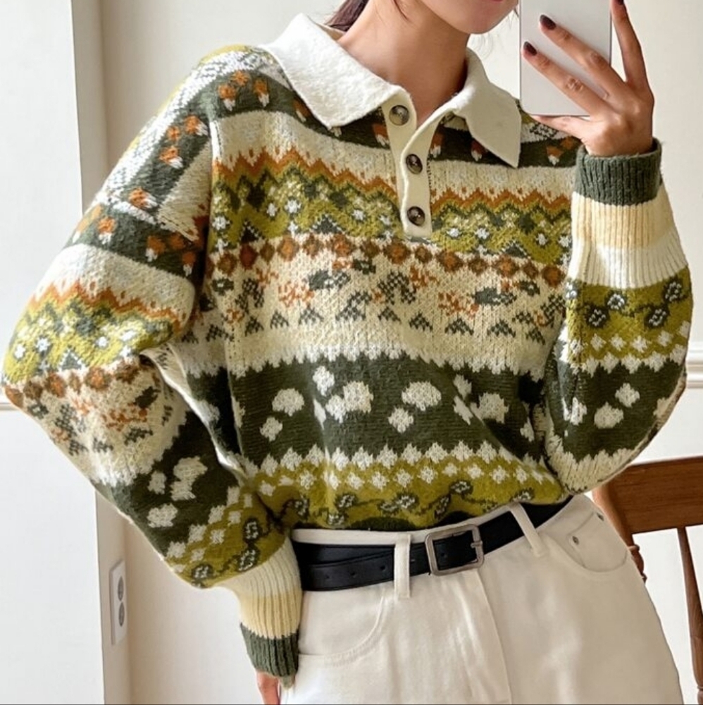 🧁B2G1🧁 SHEIN Dazy Geo Pattern Polo Neck Drop Shoulder Sweater